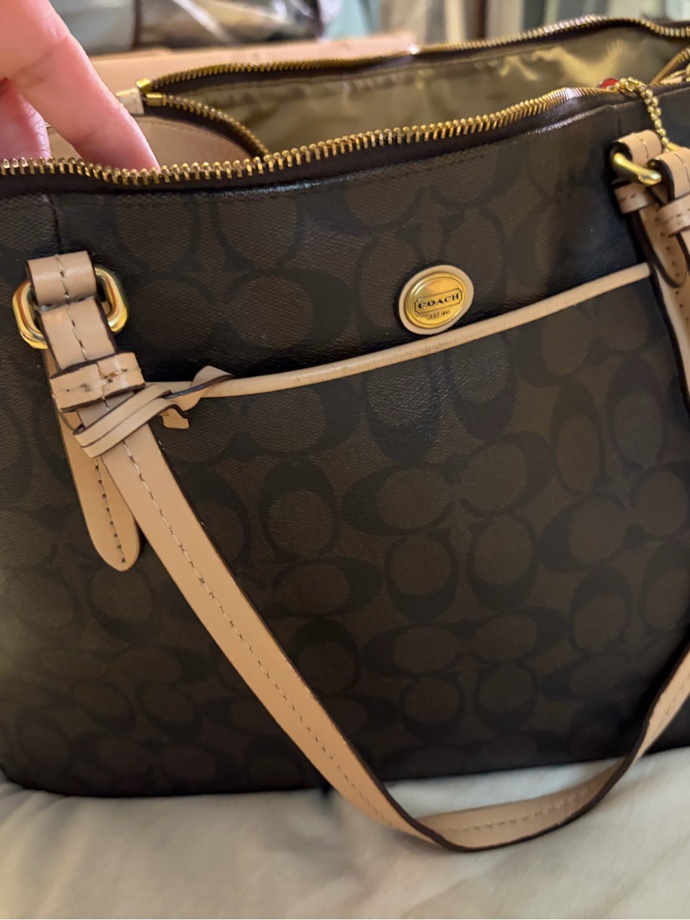 Coach Dark Brown Signature Shoulder Bag with Tan Trim